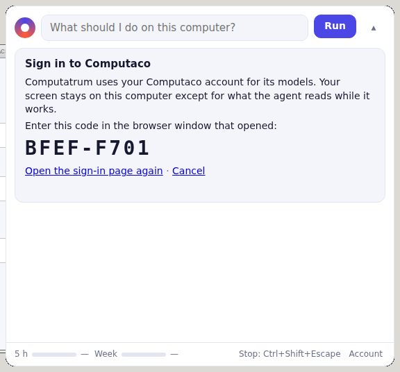 The bar showing a sign-in code to enter in the browser